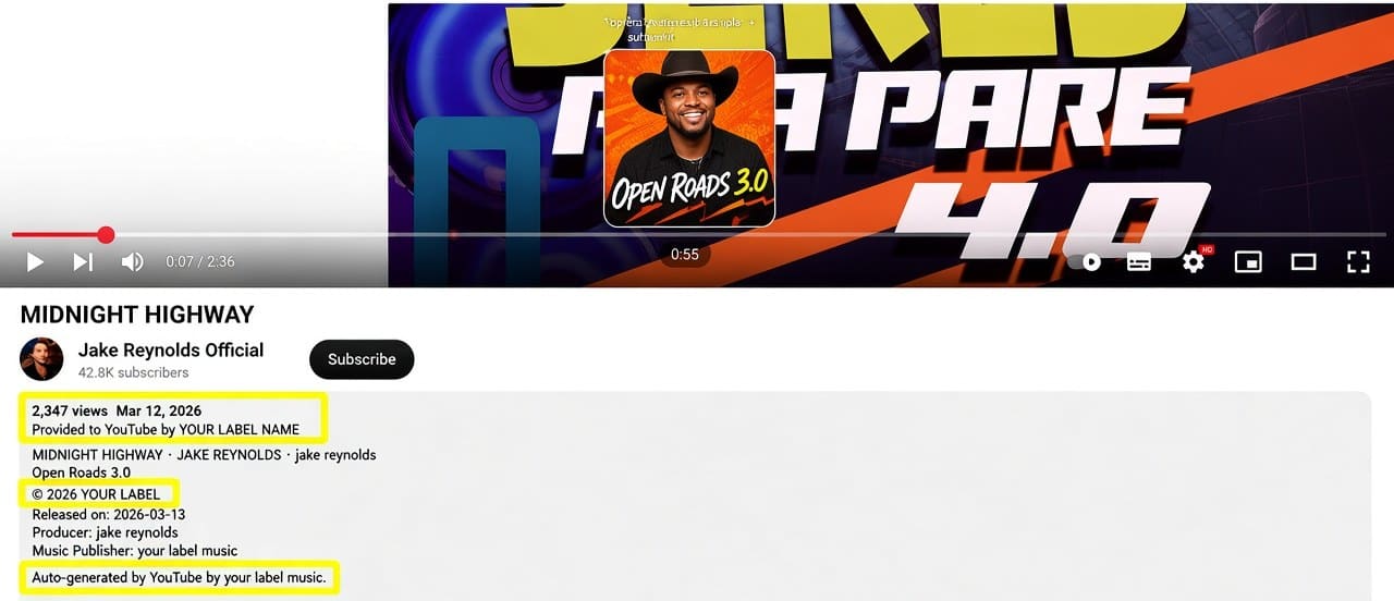 A YouTube track page with player, title and description; the label credit lines are highlighted in yellow.