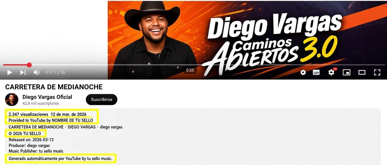 Página de una canción en YouTube, con reproductor, título y descripción; las líneas de crédito del sello están resaltadas en amarillo.