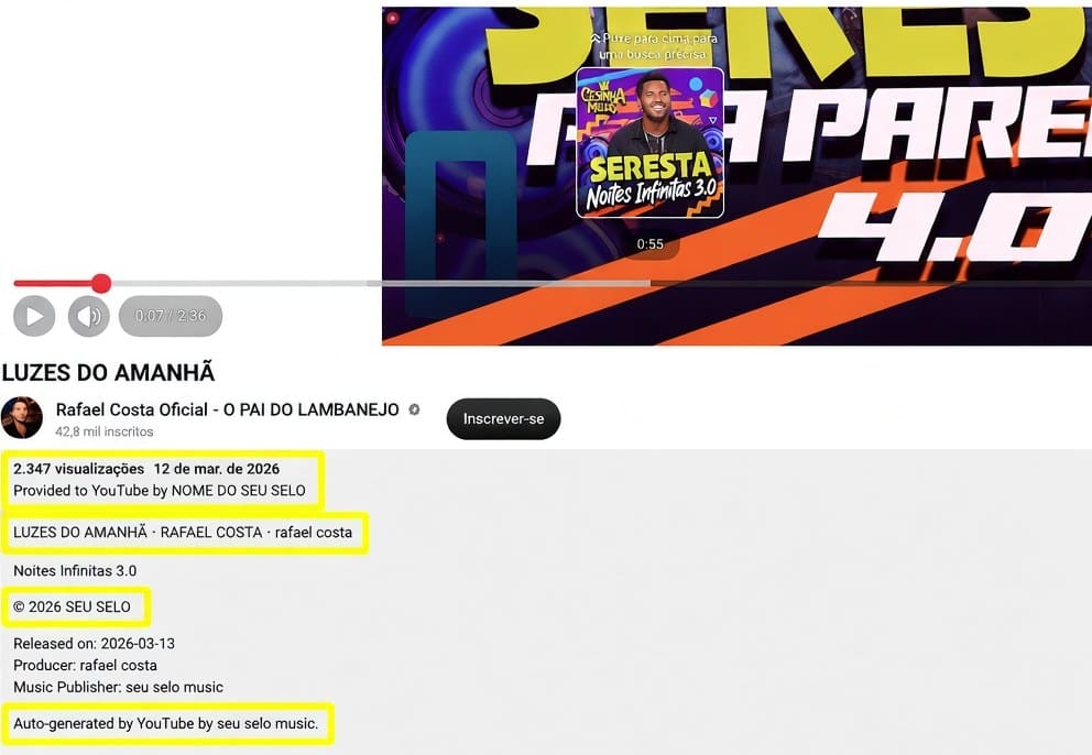 Página de uma faixa no YouTube, com player, título e descrição; as linhas de crédito do selo estão destacadas em amarelo.